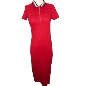 Tommy Hilfiger Red Polo Midi Dress Gold Zip Collar Cotton Blend XS Preppy Sporty